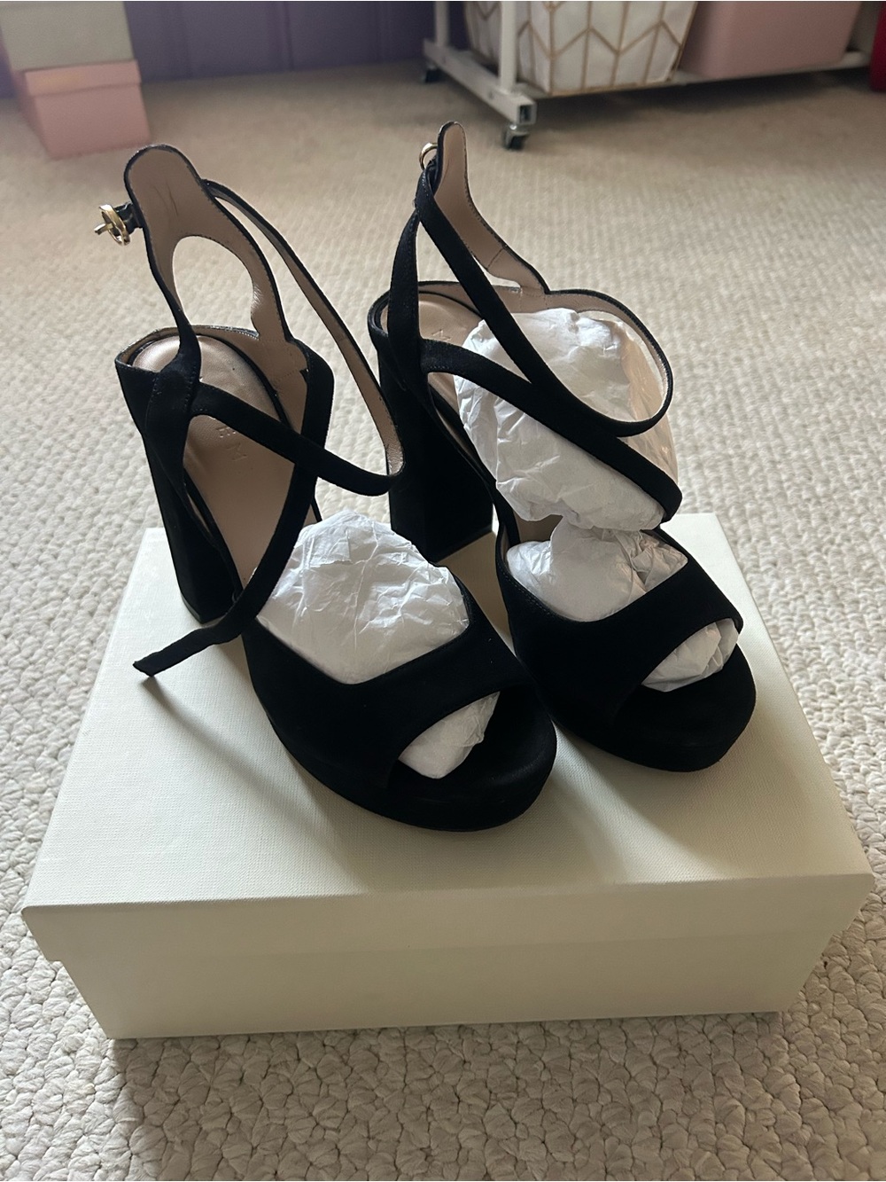 M. Gemi Black Velour Chunky Black High Heels